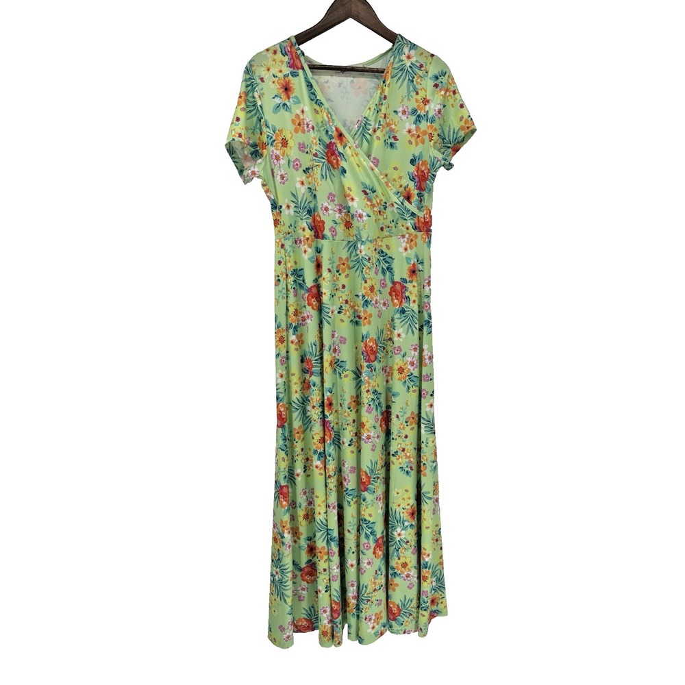Aphratti tropical Maxi Dress Faux Wrap V Neck floral XL resortwear beach stretch